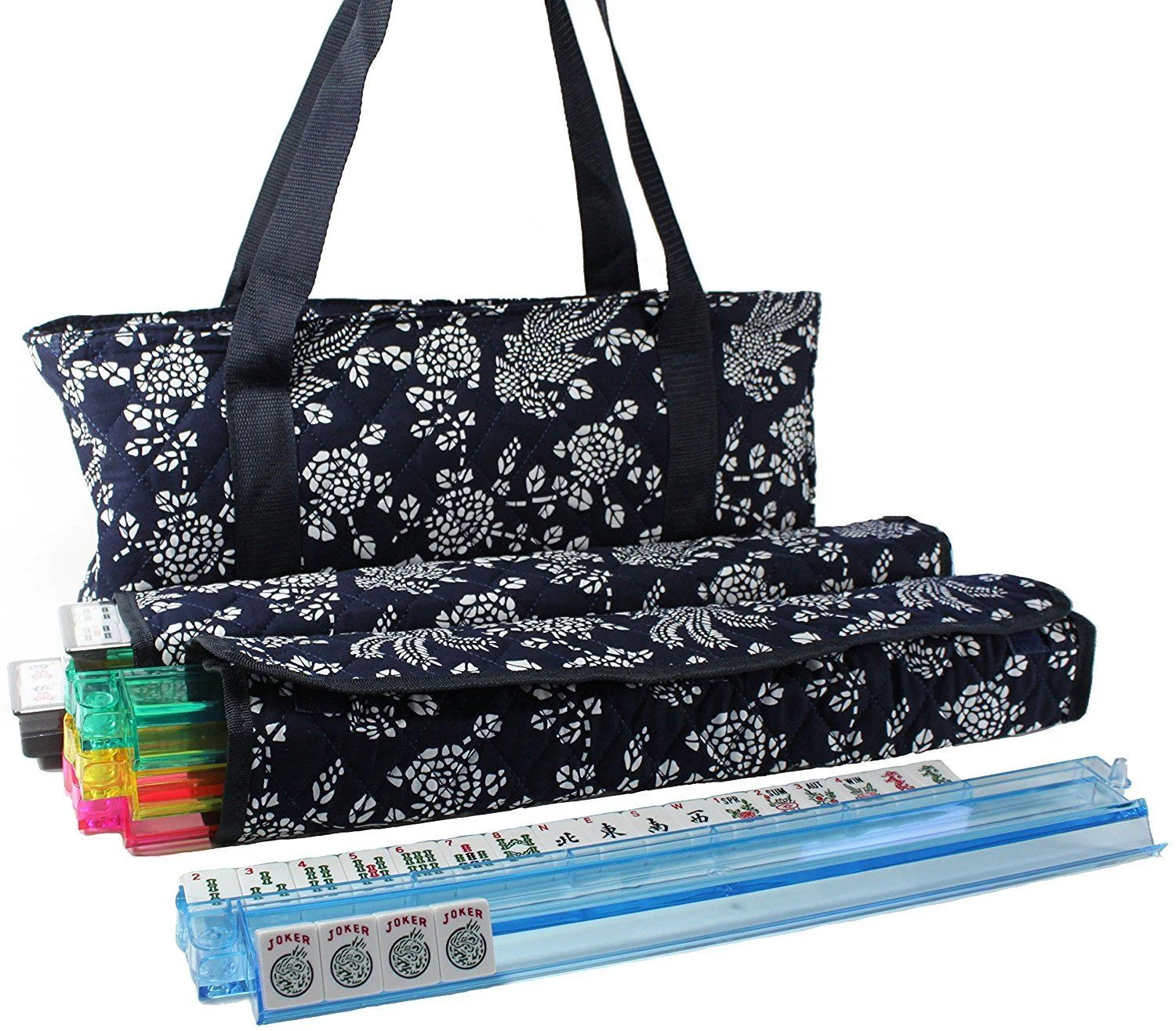 166 Tiles American Mahjong Set Blue Phoenix Soft Bag 4 Color Pusher Racks - Curated Treasures Market