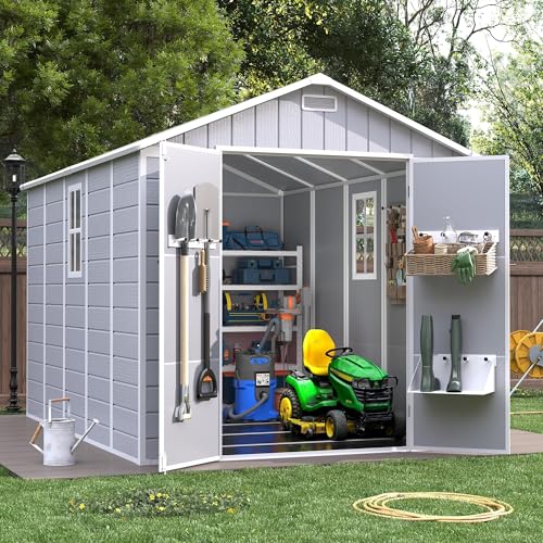 6x6FT Resin Outdoor Storage Shed, Plastic Garden Shed with Floor, Lockable Door & Window, Waterproof Tool Shed for Bike, Garbage Can, Lawn Mower, Patio Furniture Grey White