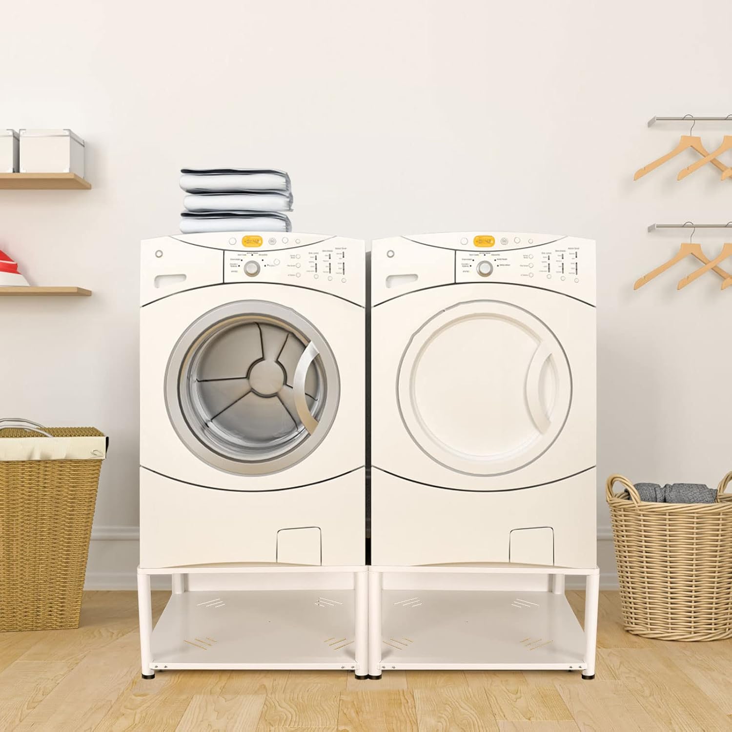 Laundry Pedestal 28", Adjustable Height Metal Steel Base with Storage Shelf, Universal Fit Pedestal for Washer and Dryer, 28 x 28 x 14.5 Inch (White)