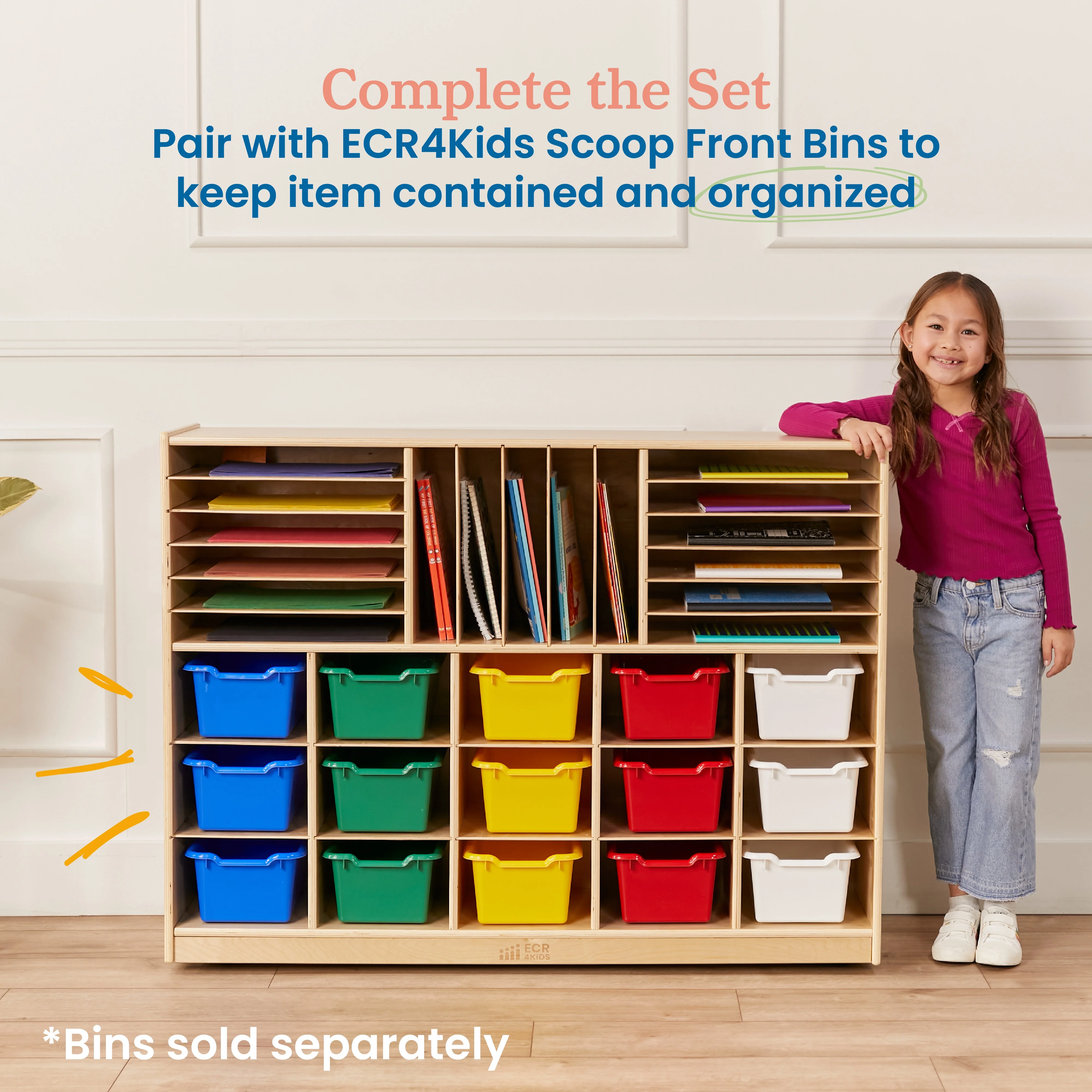 ECR4Kids Multi-Section Mobile Storage Cabinet, Classroom Furniture, Natural