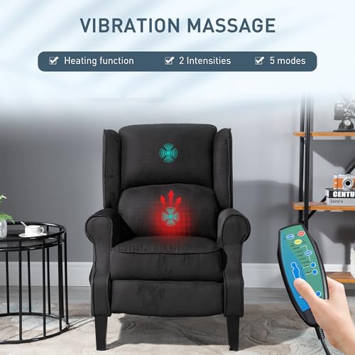HOMCOM Vibration Massage Recliner Chair for Living Room with Heat, Wingback Single Sofa, Modern Suede Fabric Push Back Reclining Chair with Footrest, Side Pocket, Black