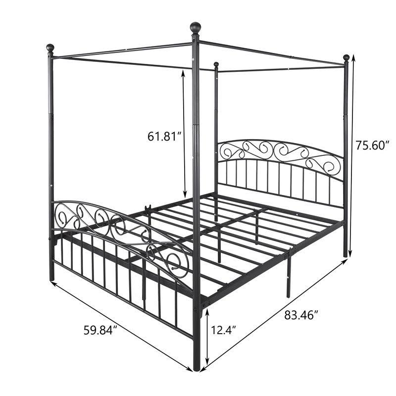 Canopy Bed Frame Queen Size 4 Poster Mattress Foundation Post Corner - Black