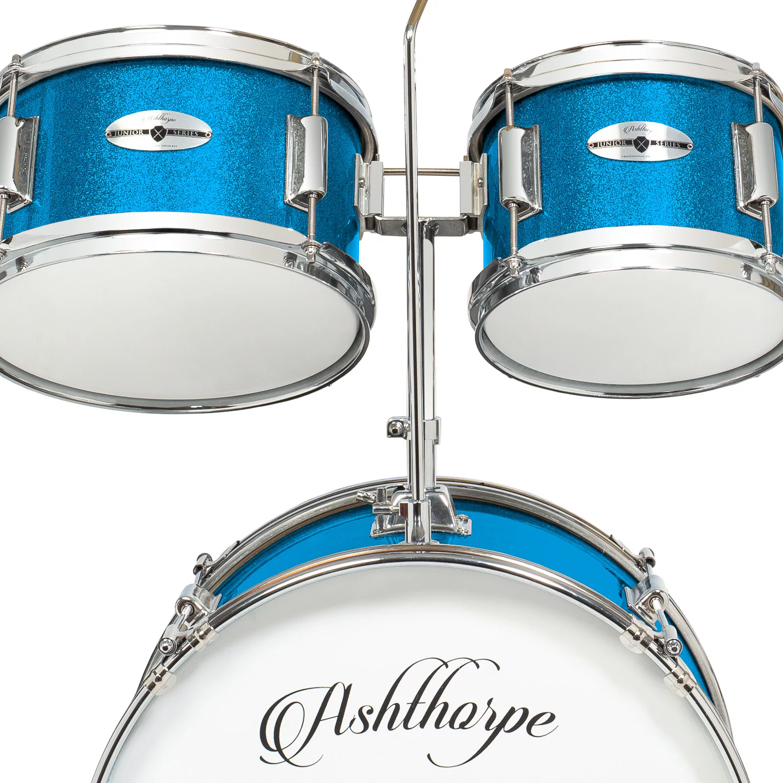Ashthorpe 5-Piece Complete Junior Drum Set with Genuine Brass Cymbals Advanced Beginner Kit, 16" Bass, Adjustable Throne, Hi-Hats, Pedals and Drumsticks, Blue