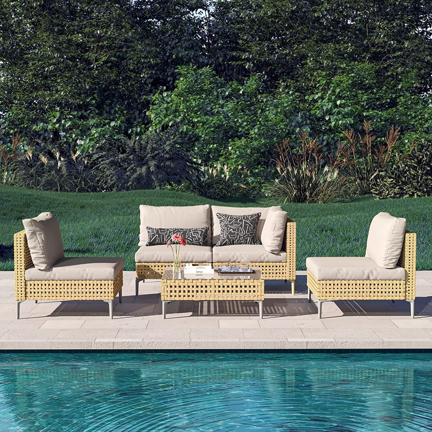 Grand Patio 7-Piece Wicker Patio Furniture Set, All-Weather Outdoor Conversation Set Sectional Sofa with Water Resistant Beige Thick Cushions and Coffee Table