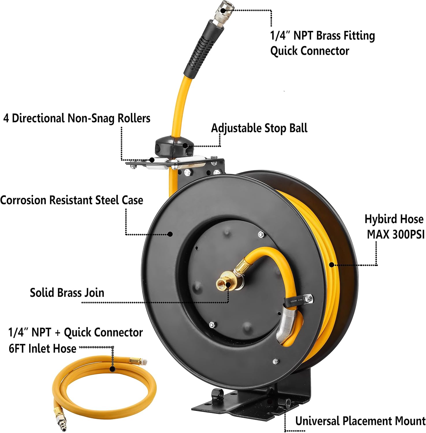 AIRZILLA Steel Retractable Air Hose Reel 3/8" Inch x 50' Feet Hybrid Polymer Hose, Heavy Duty Air Hose Reel included Auto Rewind Reel | Quick Air Coupler | Heavy Duty Steel Frame