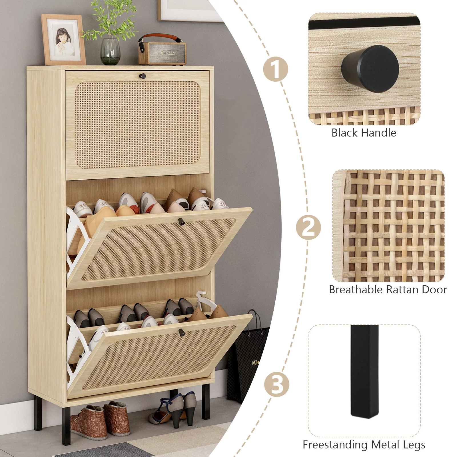 Sweiko Wooden Shoe Storage Cabinet with 3 Flip Drawers for Entryway Store 18 Pairs Natural Rattan