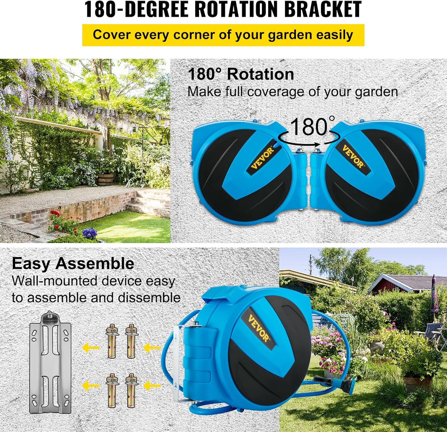 VEVOR Retractable Hose Reel, 1/2 inch x 75 ft, Any Length Lock & Automatic Rewind Water Hose, Wall Mounted Garden Hose Reel w/ 180° Swivel Bracket and 7 Pattern Hose Nozzle, Blue
