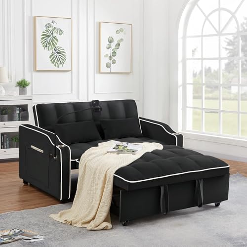 Convertible Sleeper Sofa Bed, 3 in 1 Velvet Pull Out Loveseat Couch Modern Comfy Futon Sofa with Adjustable Backrest & Phone Holder & USB Charging Space Saving for Living Room, Small Apartment, Grey