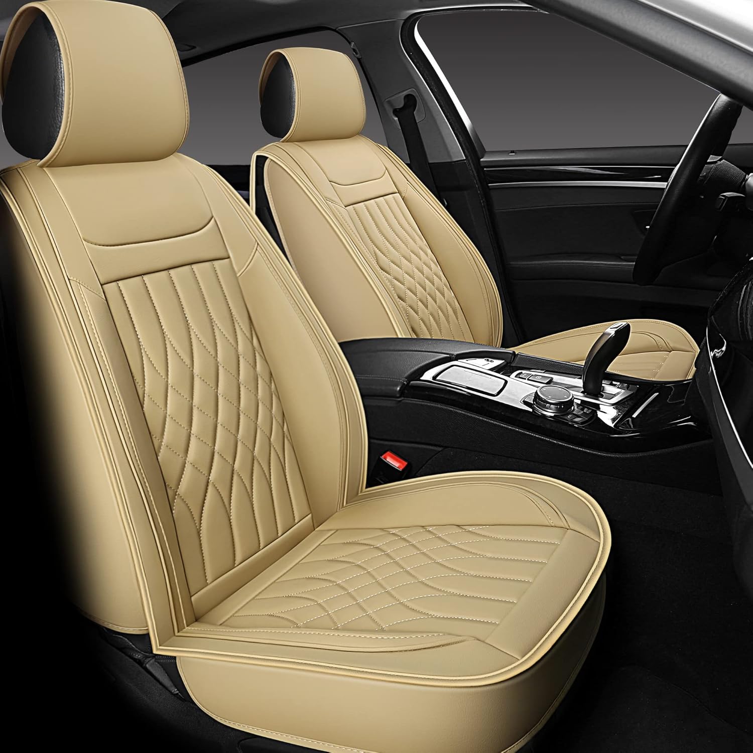 Sanwom Leather Car Seat Covers Full Set, Universal Automotive Vehicle Seat Covers, Waterproof Vehicle Seat Covers for Most Sedan SUV Pick-up Truck, Black and Red