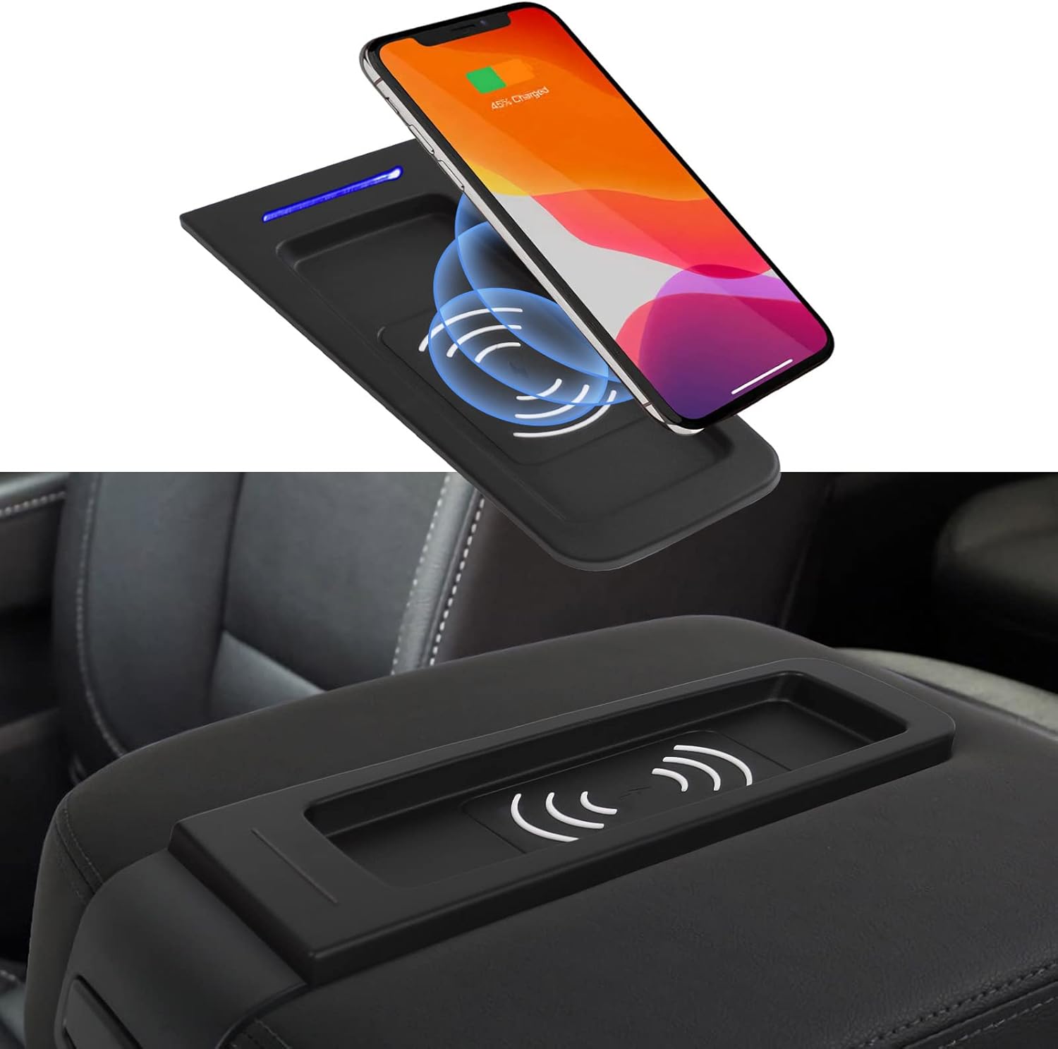 Xipoo Fit Chevrolet Silverado GMC Sierra Wireless Charger Tray Center Console 15W Fast Wireless Phone Charging Pad for 2019-2022 Chevy Silverado Accessories(Fit Full Console Upgraded, 2019-2022)