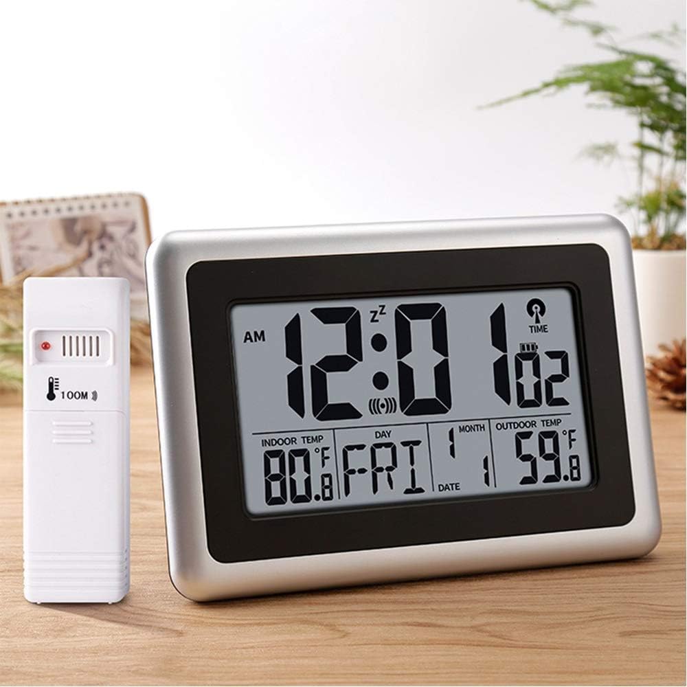 Atomic Wall Desk Clock Large Display with Indoor Outdoor Temperature Date Calendar, Digital Alarm Clock Battery Operated Without Backlight for Kitchen Bedroom