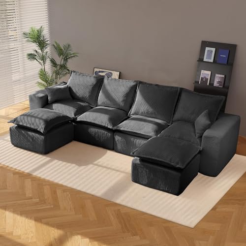 107" Comfy Cloud Couch with L-Shape Chaise & Deep Seat, Modular Sectional Sofa in a Box, Boneless Upholstered Couches for Living Room, No Assembly Required (Soft Corduroy, Black)