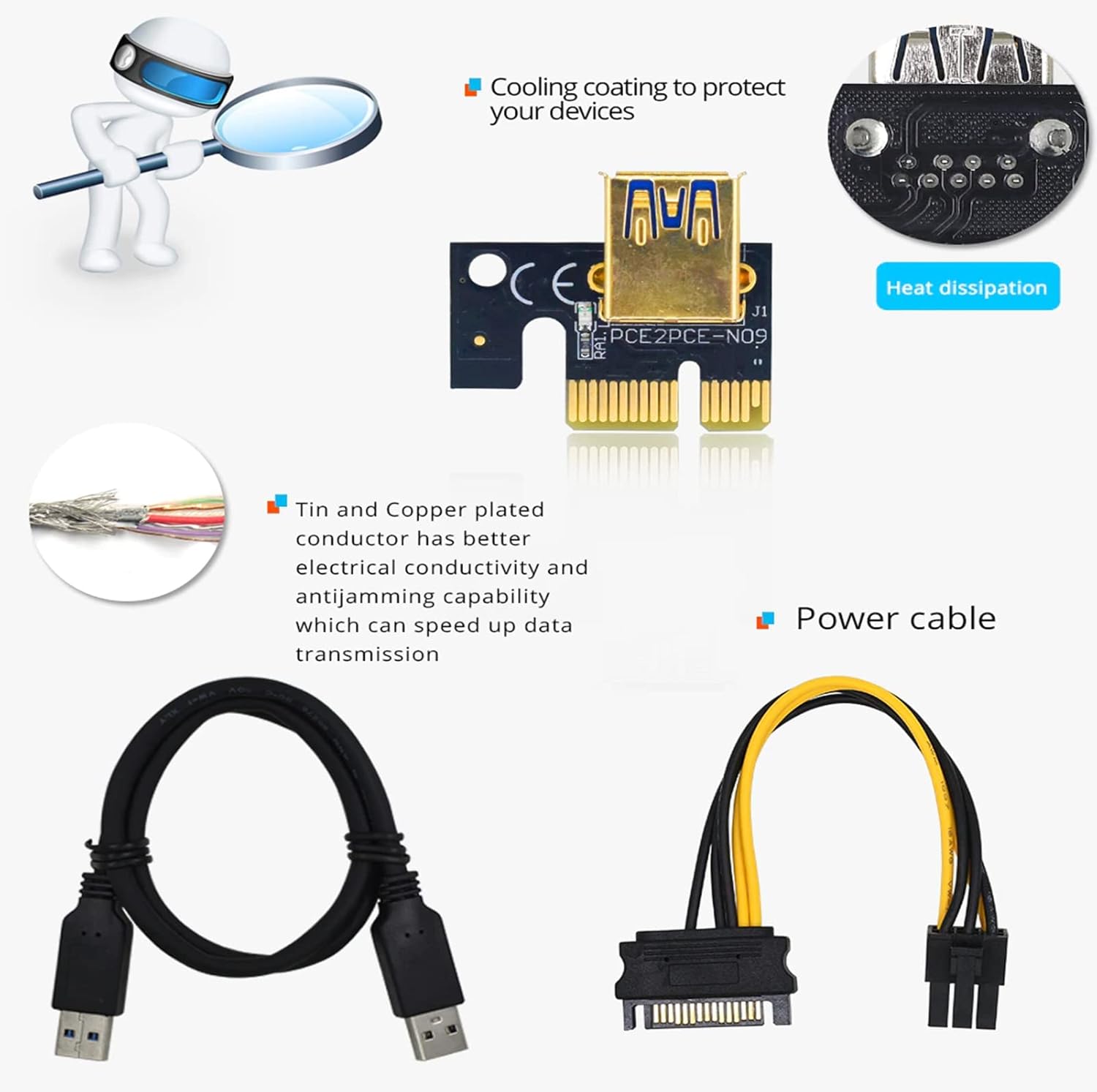 6PCS Riser VER009C Plus USB 3.0 PCI-E Riser VER009C Plus Express Cable Riser for Video Card X16 Extender PCI-E Riser Card for Mining Pack of 2