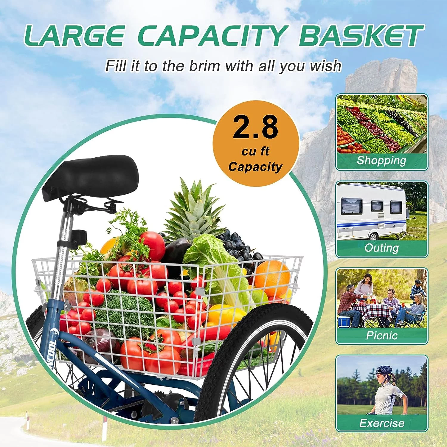 Slsy Adult Folding Tricycle for Adults, 7 Speed 20/24/26 inch 3 Wheels Bikes with Basket, Foldable Tricycle for Adults, Women, Men, Seniors