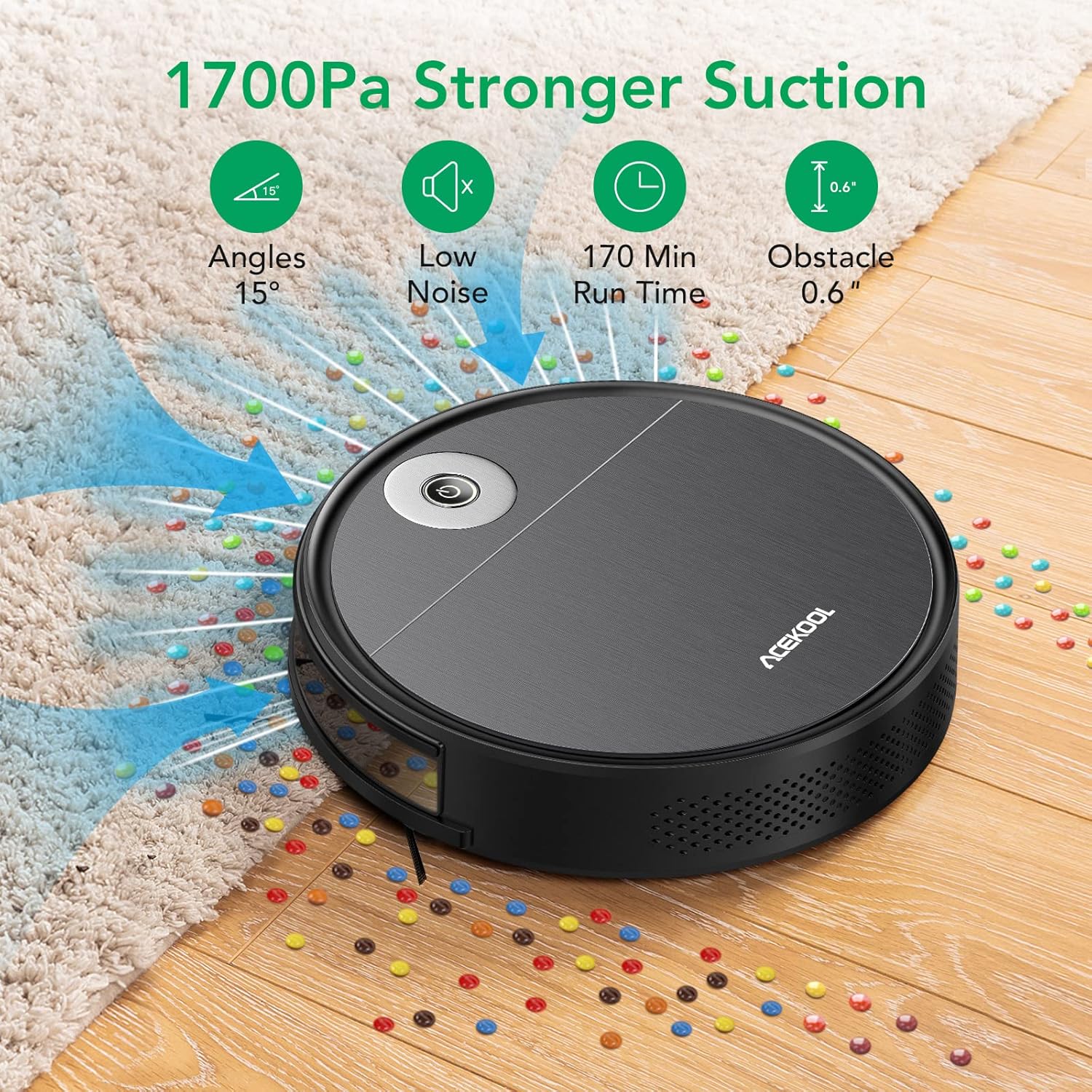 Robot Vacuum Cleaner, Acekool Automatic Vacuum Robotic Smart Self-Charging Wi-Fi Robot 1700pa Strong Suction 170min Runtime Good Cleaning Dust, Pet Hair for Carpets, Hard Floors