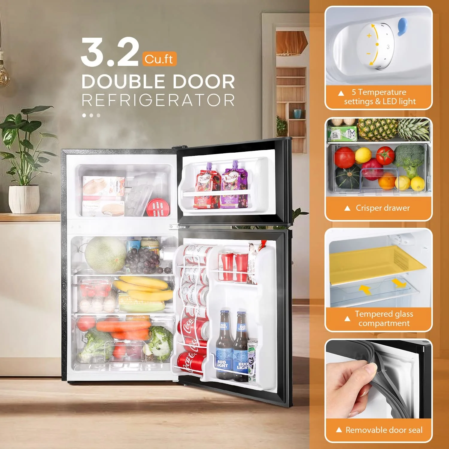 Upstreman 3.2 Cu.ft Mini Fridge with Freezer, Double Door Mini Refrigerator Cooler Dorms Ice
