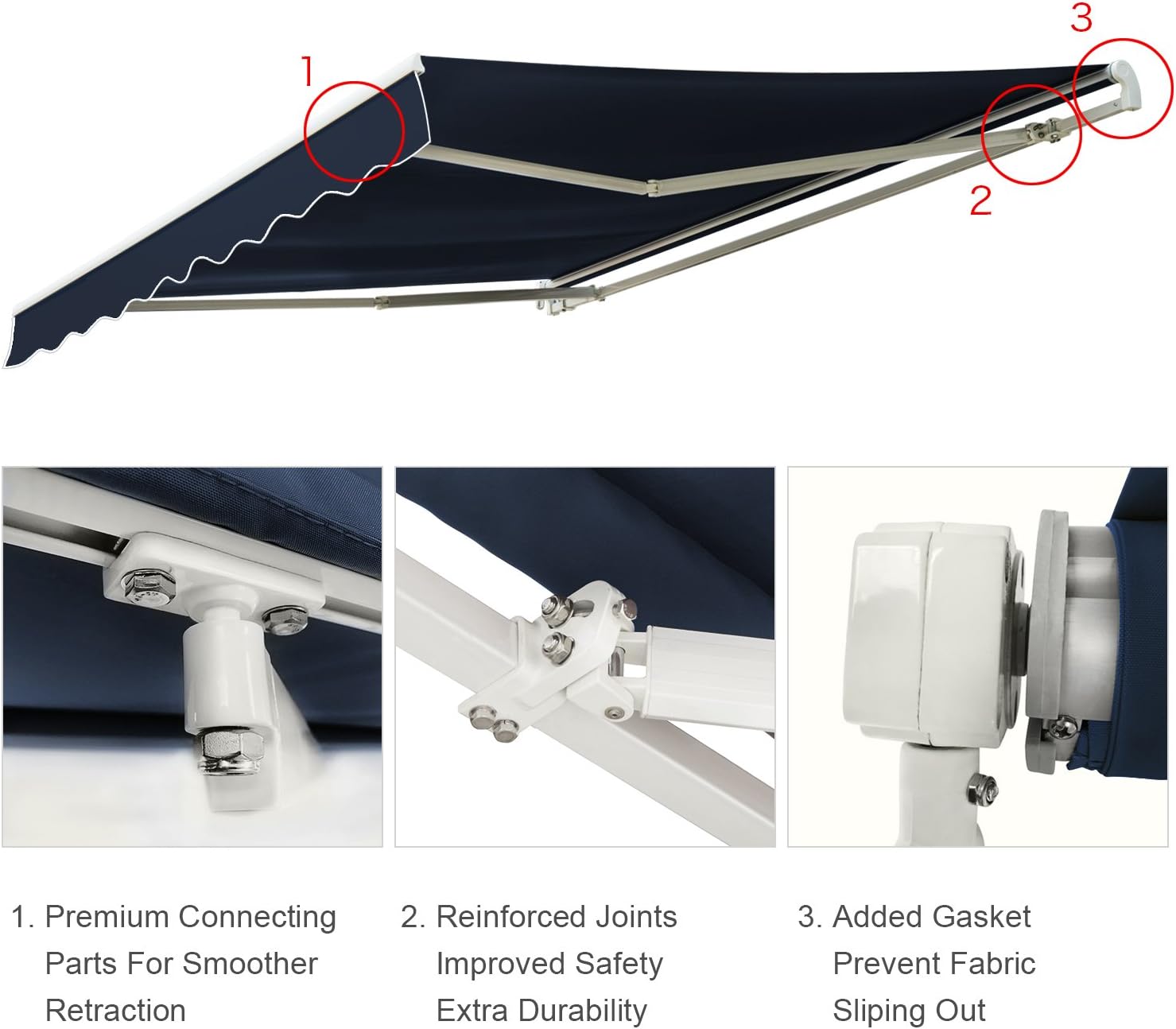 Diensweek Patio Awning Retractable Fully Assembled 12'x8', Manual Commercial Grade Awnings - Quality 100% 280G Ployester Window Door Sunshade Shelter - Deck Canopy Balcony P100 Series ( Navy Blue)