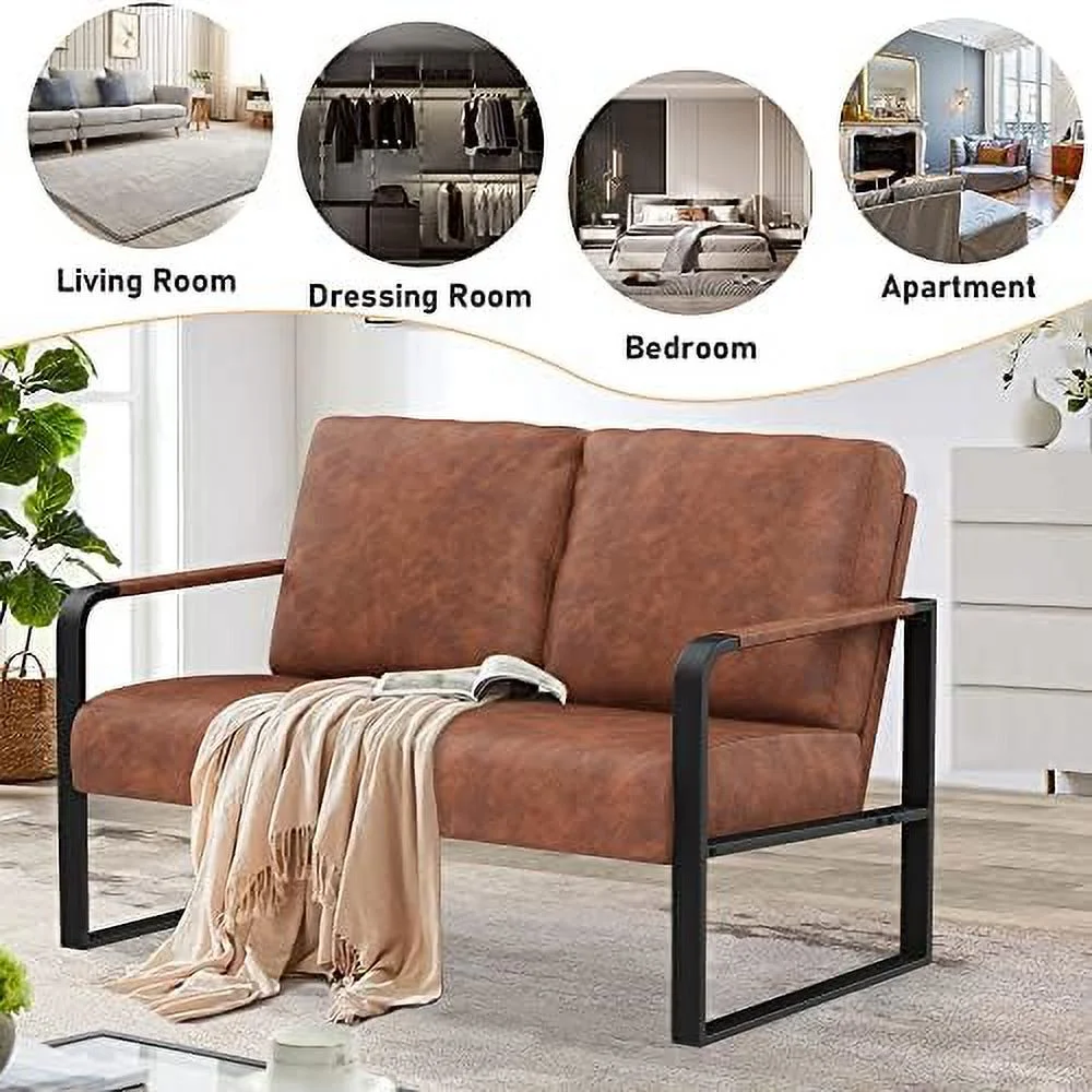 xrboomlife Love Seat Mini Couch Small Settee Loveseat Bench for Living Room  Faux Leather Loveseat Sofa Small Sofa Couches for Small Spaces with Padded Cushion  Mid Century Modern Dark Br