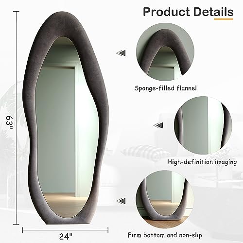 Honyee Full Length Mirror, 63" x 24" Wall Mirror, Flannel Wrapped Wooden Frame Floor Mirror, Irregular Wavy Mirror Hanging or Leaning Against Wall for Cloakroom/Bedroom/Living Room, Milk Tea