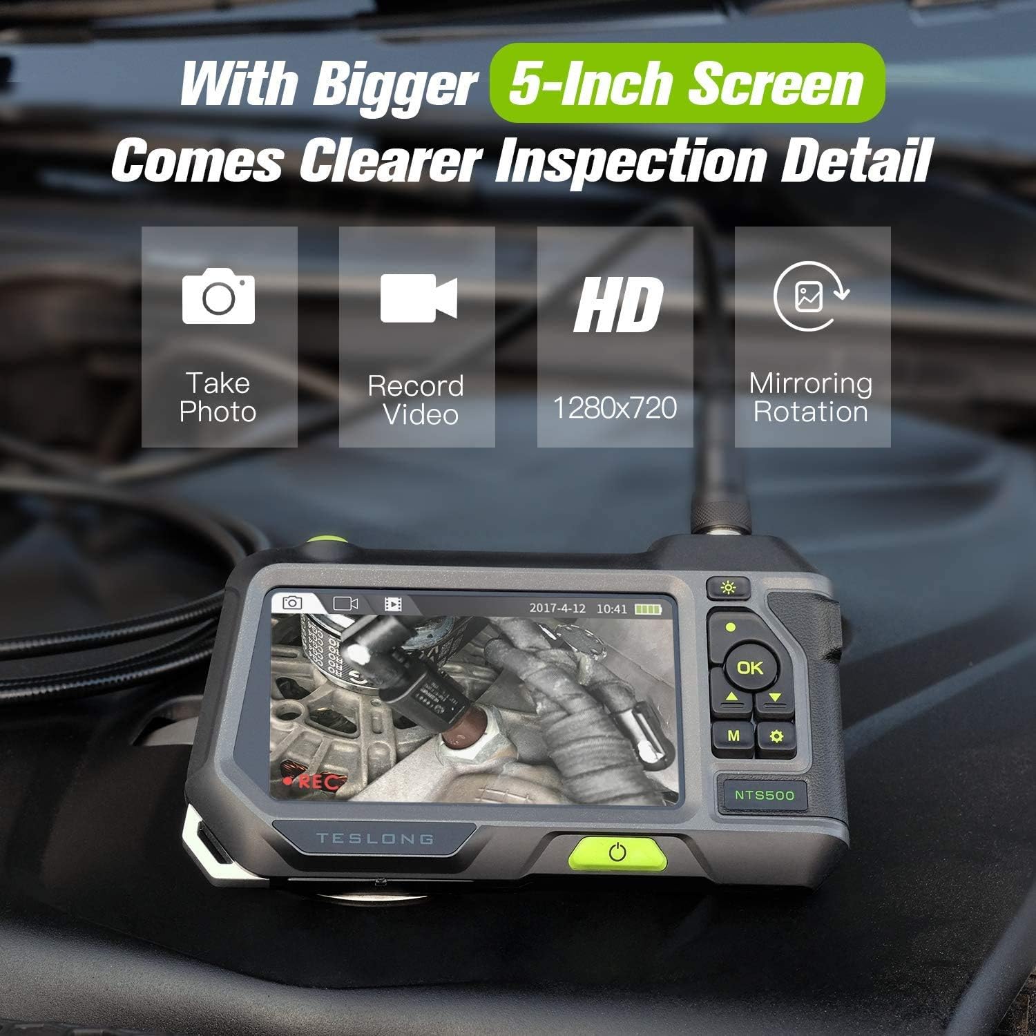 Triple Lens Endoscope, Teslong NTS500 Industrial Borescope Inspection Camera with 5inch 720P HD Screen, Automotive Snake Scope Camera Probe with Light, Home Waterproof Sewer Fiber Optic Camera(16.5ft)