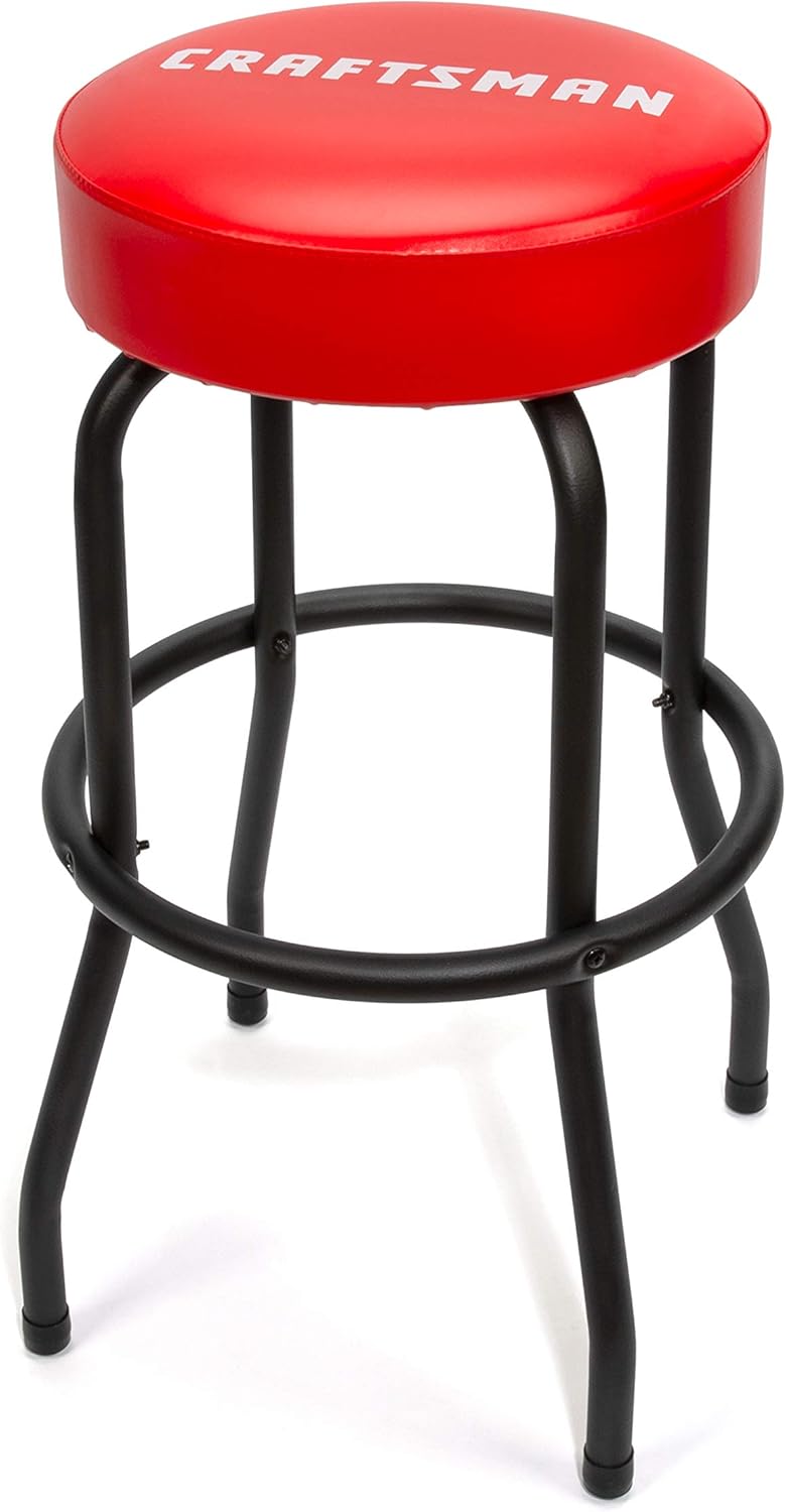 CRAFTSMAN Adjustable Height Work Shop Stool, 29 to 34-inches Tall, Rip-Resistant Padded Vinyl Seat, 300-lb Capacity, 360-degree Footrest, Non-Marring Feet