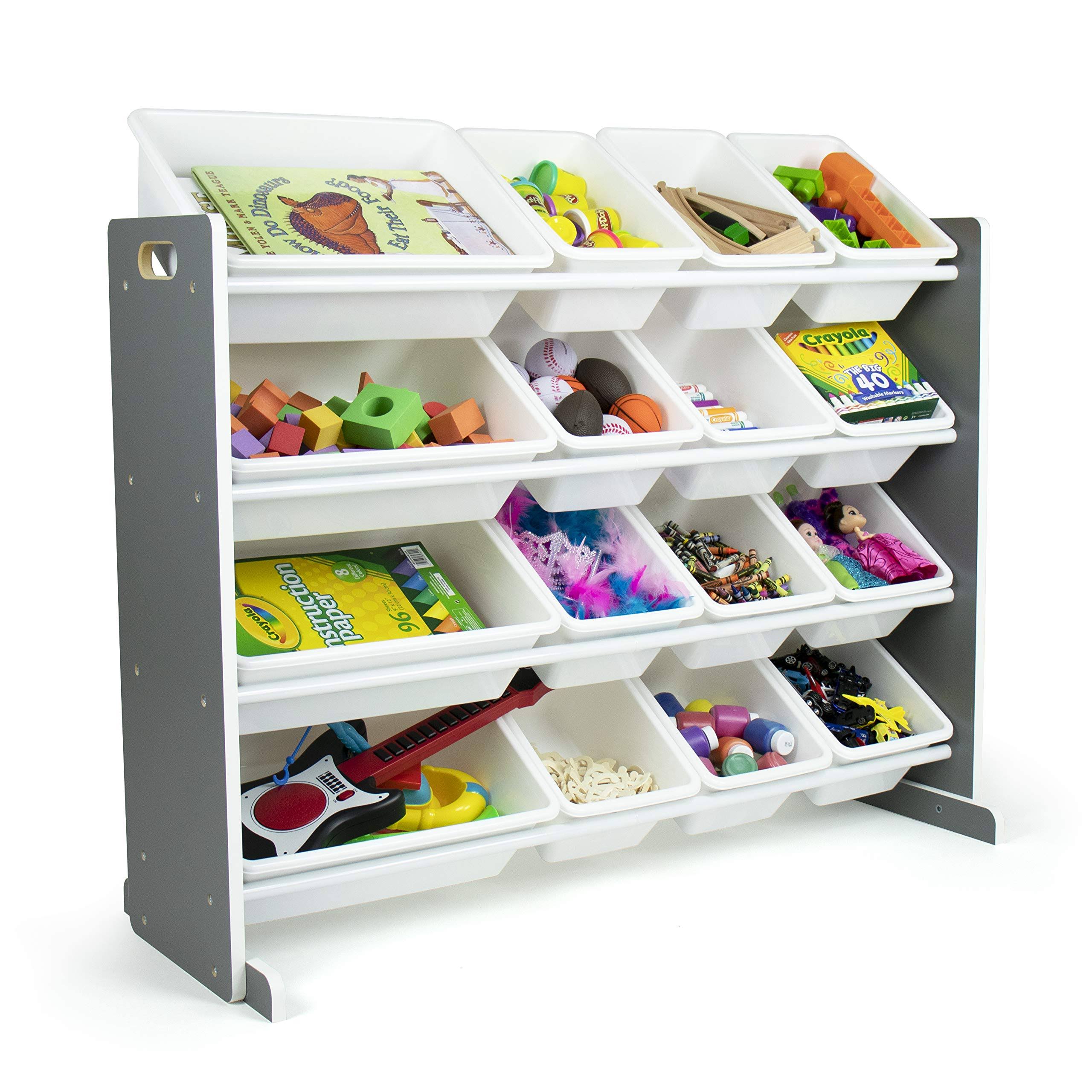 Humble Crew Kids Toy Organizer with 16 Storage Bins, Grey/White