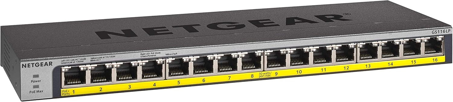NETGEAR 16-Port Gigabit Ethernet Unmanaged PoE Switch (GS116PP) - with 16 x PoE+ @ 183W, Desktop, Wall Mount or Rackmount, and Limited Lifetime Protection