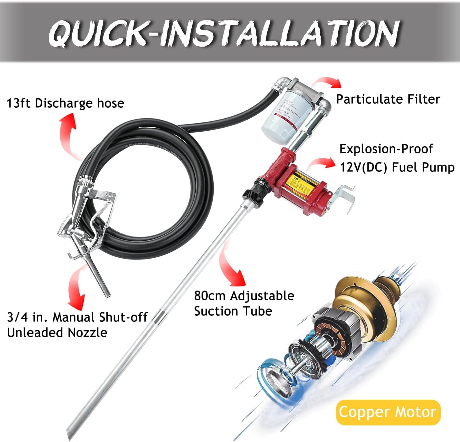 12V DC 10GPM Self-priming Gasoline Diesel Oil Fuel Transfer Explosion-proof Pump Kit with with Particulate Filter and Nozzle for Gasoline Diesel Kerosene & More