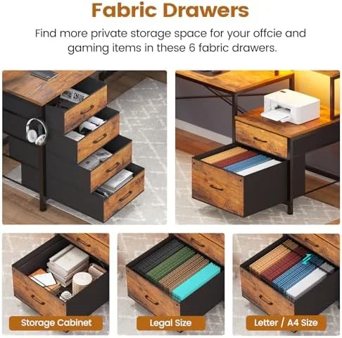 RUNFAYBIU L Shaped Desk with 6 Drawer  108" Home Office Desk with File Drawer &amp; Power Outlet  Corner Computer Desk with Monitor   File Cabinet  Two Person Desk  Gaming Desk with L