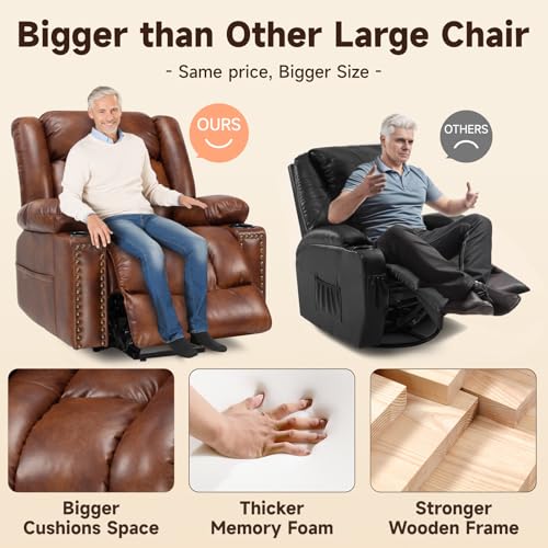 Large Power Lift Chairs Recliners for Elderly with Heated and Massage, Overstuffed Adjustable Lift Chairs, 3 Positions, Breathable Leather, USB-A and USB-C, Cup Holder, Side Pocket Dark Brown