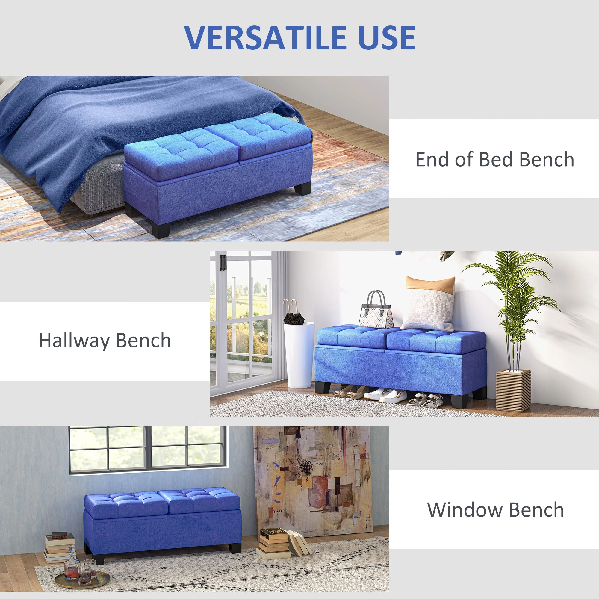 HOMCOM Storage End of Bed Bench, Upholstered Bench with Steel Frame, Blue