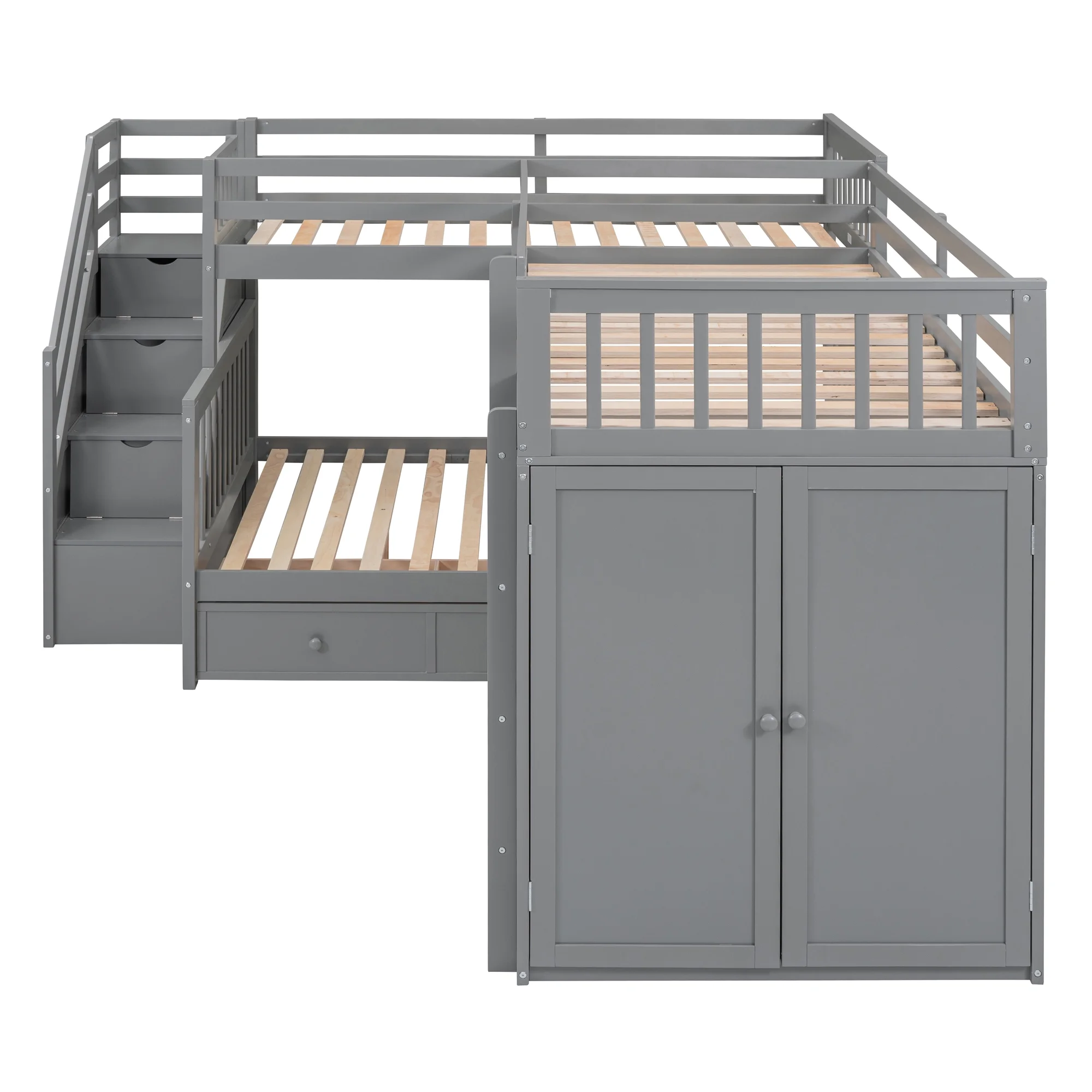 Churanty Twin-Twin Over Full L-Shaped Bunk Bed with Wardrobe Space,Solid Wood Staircase Bunk Bed with Portable Desk,Gray