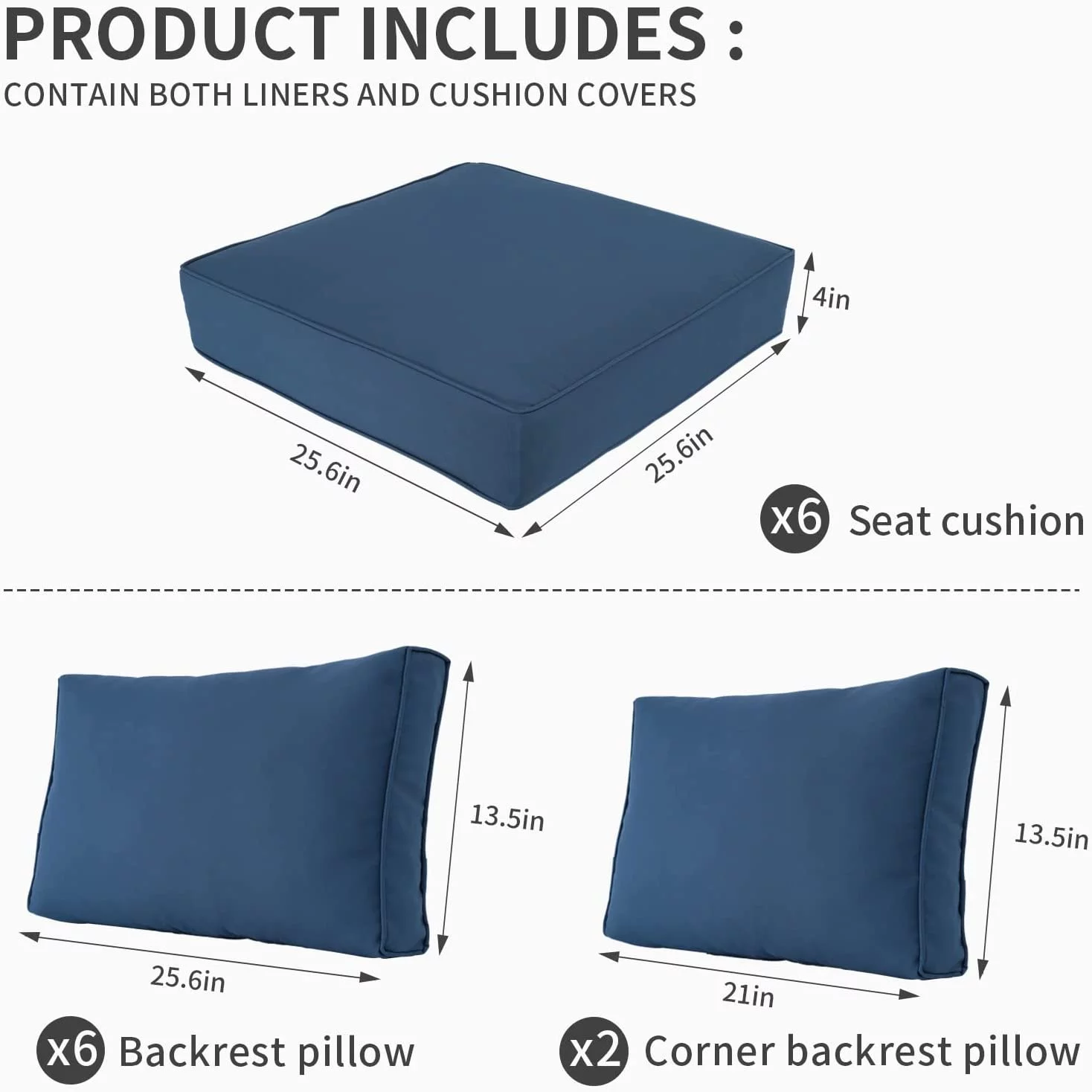 Outdoor Furniture Replacement Cushions, Fits 7-Piece Sectional Rattan Conversation Set, Patio Water-Resistant Replacement Sofa Cushions, Liner&Cover