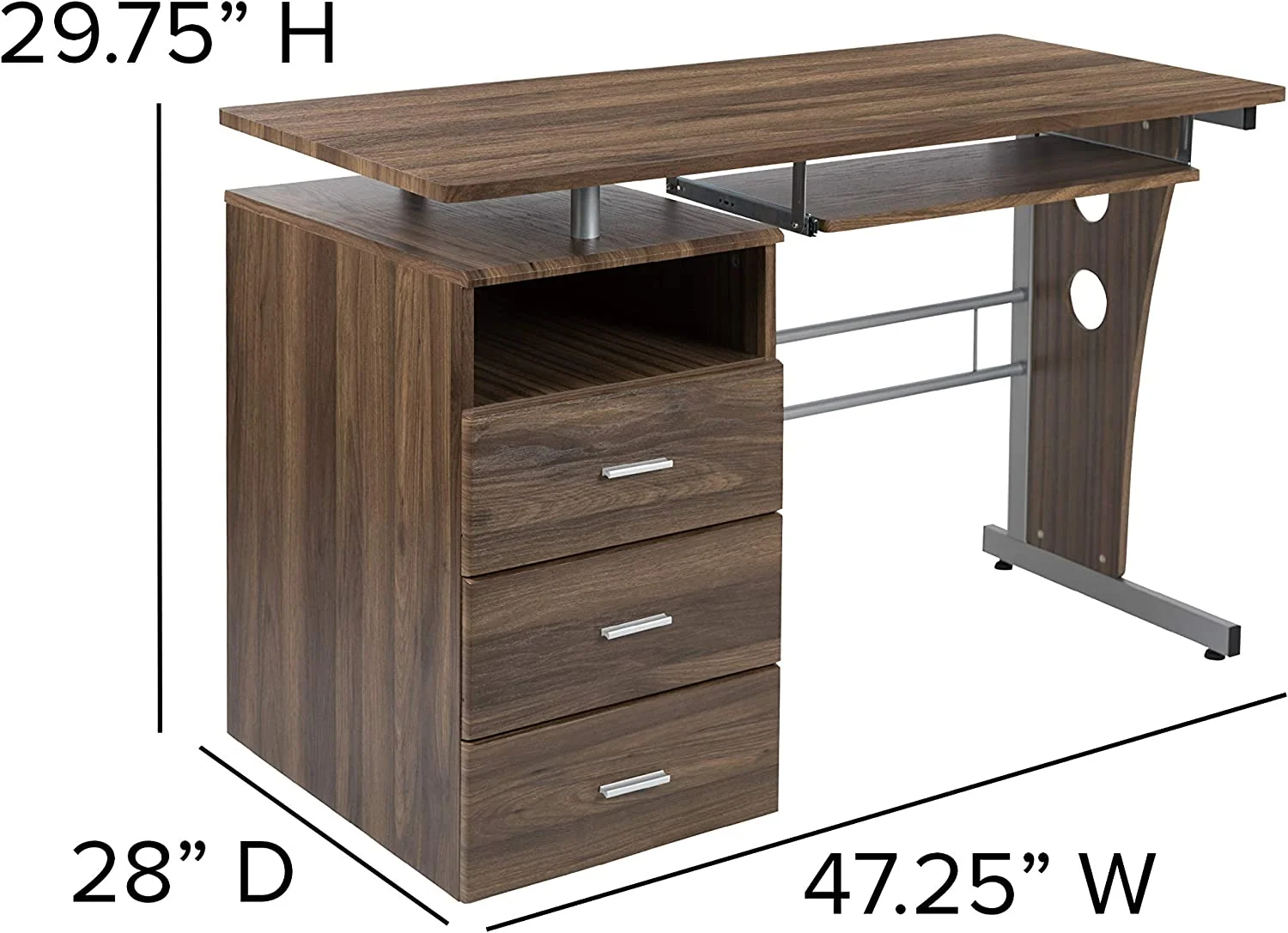 Rustic Walnut Desk With Three Drawer Single Pedestal And Pull-Out Keyboard Tray