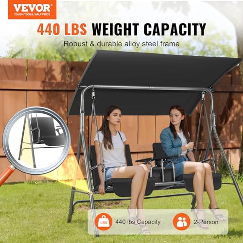 VEVOR 3-Seat Patio Swing Chair, Converting Canopy Swing, Outdoor Patio Porch with Adjustable Canopy, Removable Thick Cushion and Alloy Steel Frame, for Balcony, Backyard, Poolside, Brown