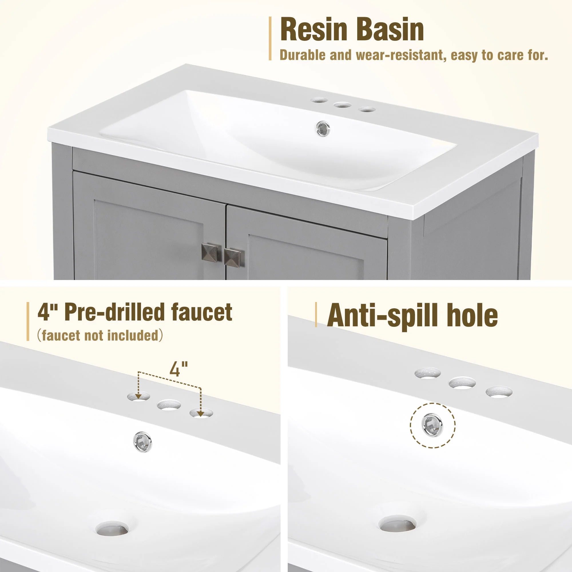 EUROCO 30" Modern Bathroom Vanity Cabinet Solid Wood with Top Basin,Bathroom Storage Cabinet with Soft Closing,1 Drawer,2 Doors