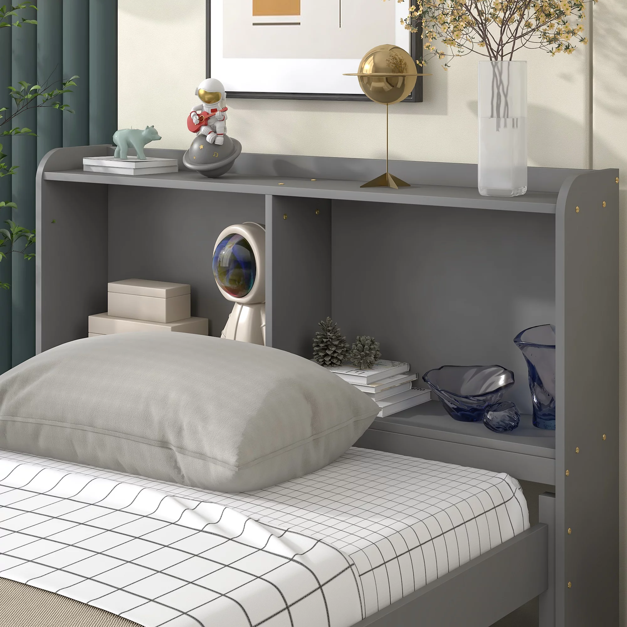 Twin Bed Frame with Bookcase Headboard,Wooden Twin Size Platform Bed with Trundle and 3 Storage Drawers,Twin Storage Bed for Kids Girls Boys,No Box Spring Needed,Grey
