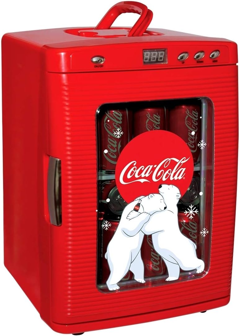 Coca-Cola Polar Bear 28 Can Cooler/Warmer w/ 12V DC and 110V AC Cords, 25L (28 qt) Portable Mini Fridge w/Display Window, Travel Refrigerator for Snacks Lunch Drinks, Desk Home Office Dorm, Red