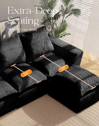 107" Comfy Cloud Couch with L-Shape Chaise & Deep Seat, Modular Sectional Sofa in a Box, Boneless Upholstered Couches for Living Room, No Assembly Required (Soft Corduroy, Black)