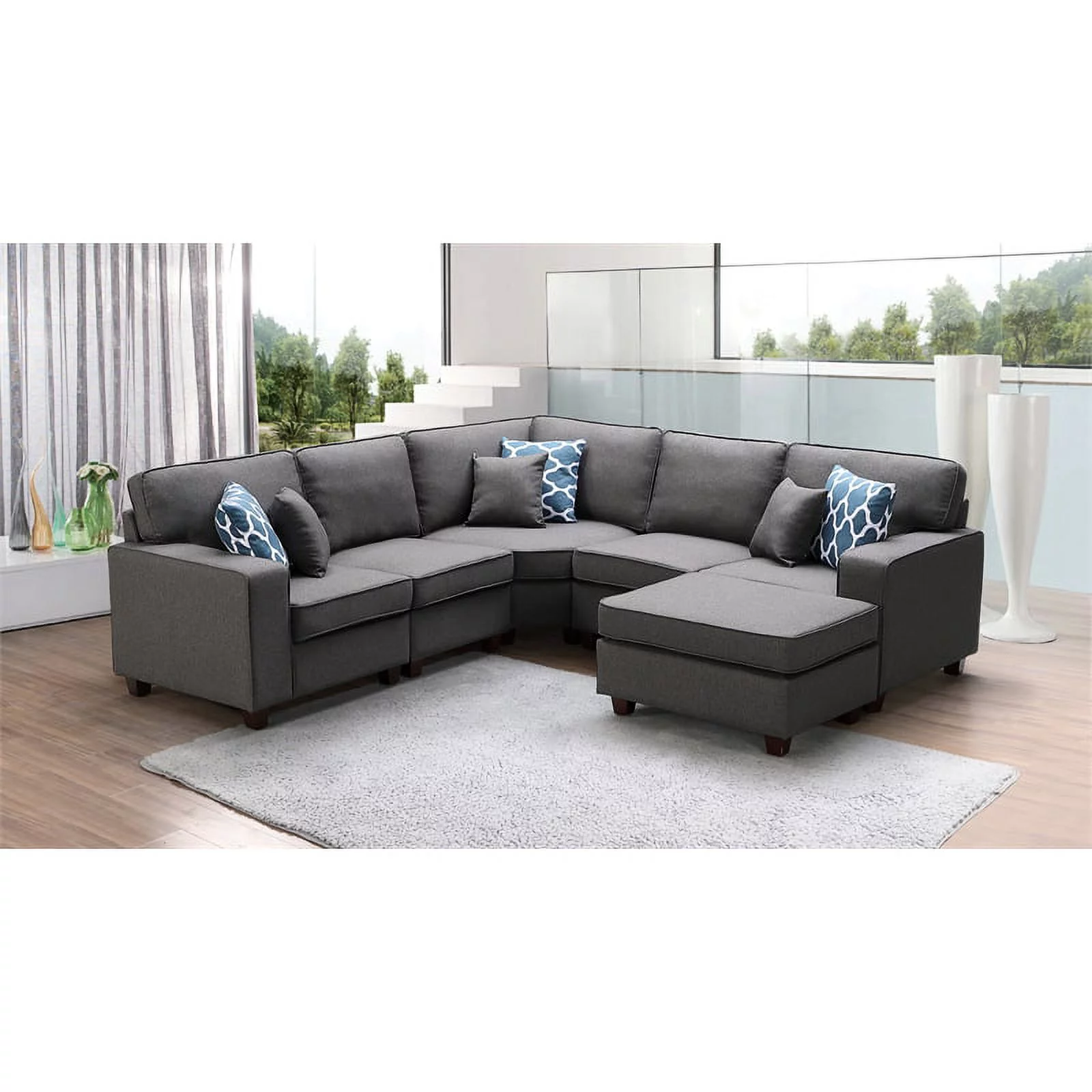 BOWERY HILL Casual Contemporary Linen 6Pc Modular Sectional Sofa with Ottoman and 6 Accent Pillows in Gray