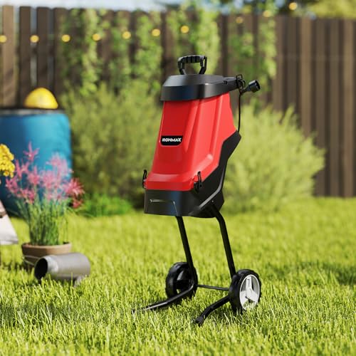 15 Amp Electric Wood Chipper Shredder, Corded Leaf Mulcher Shredder with Plunger, Collection Bag & 15:1 Reduction, Garden Shredder with Wheels for Branches, Leaves, Waste(Red)