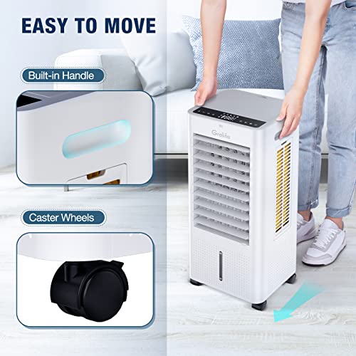 Grelife Air Cooler,3-IN-1 Portable Evaporative Air Cooler Cooling Fan with 4 Ice Packs,12H Timer,1.58 Gallons,Remote Control,3 Modes,3 Speeds,Personal Swamp Cooler for Bedroom, Home, Office