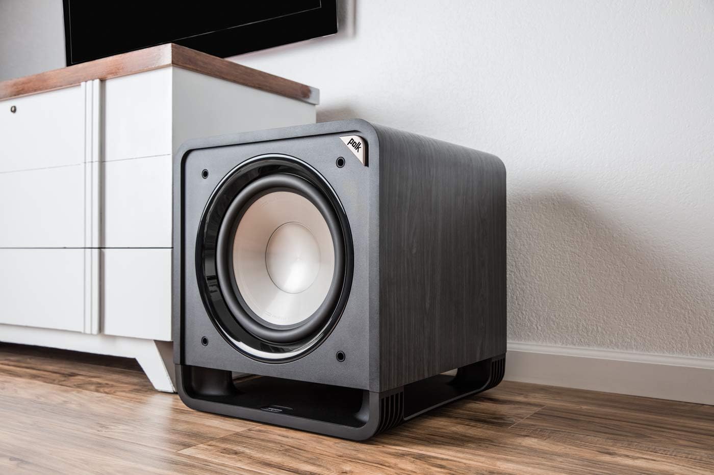 Polk Audio HTS 12 Powered Subwoofer with Power Port Technology | 12” Woofer, up to 400W Amp | For the Ultimate Home Theater Experience | Modern Sub that Fits in any Setting | Washed Black Walnut