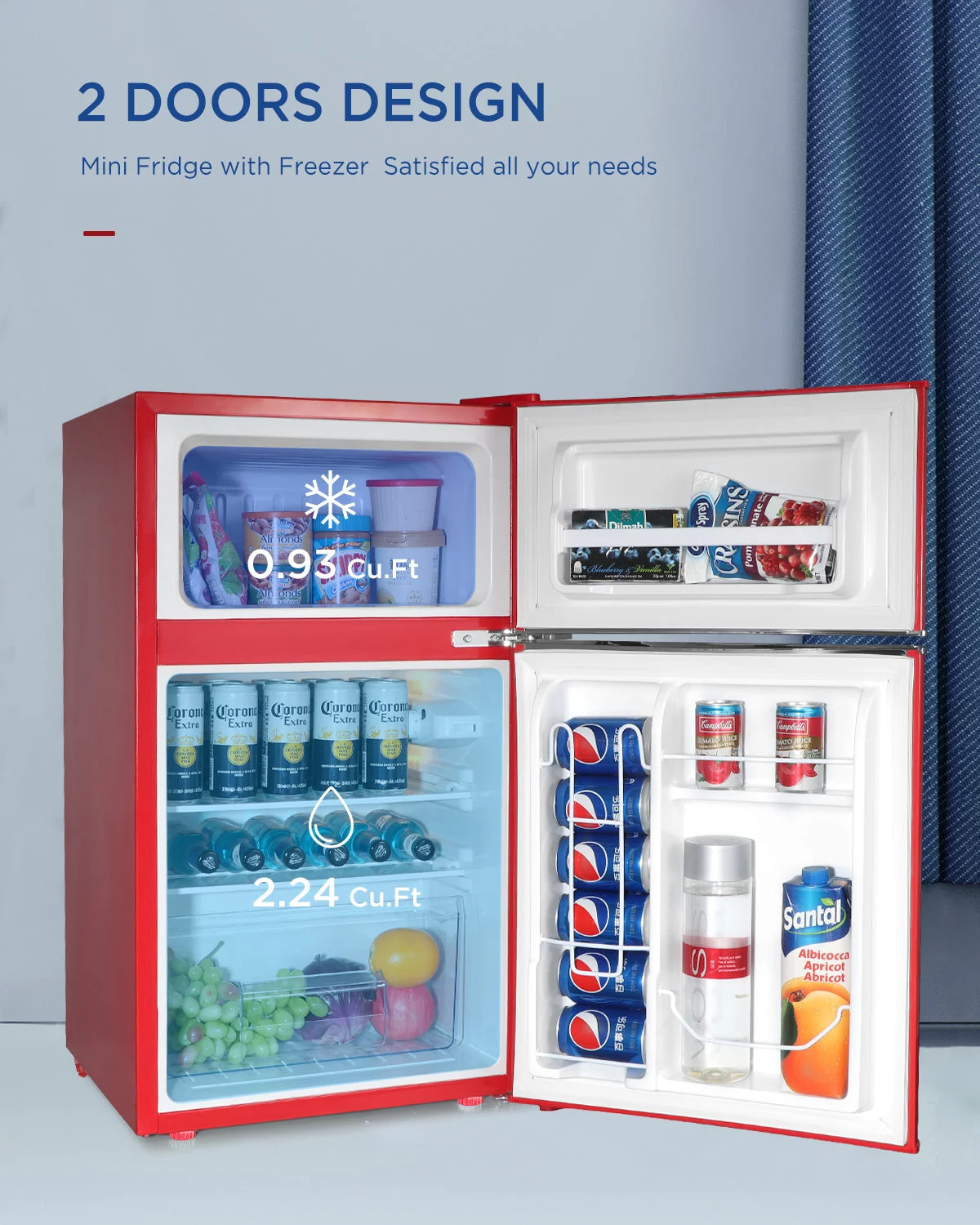 Northair 3.2 Cu ft Compact Mini Refrigerator Separate Freezer, Small Fridge Double 2-Door Adjustable Removable Retro Stainless Steel Shelves,Red
