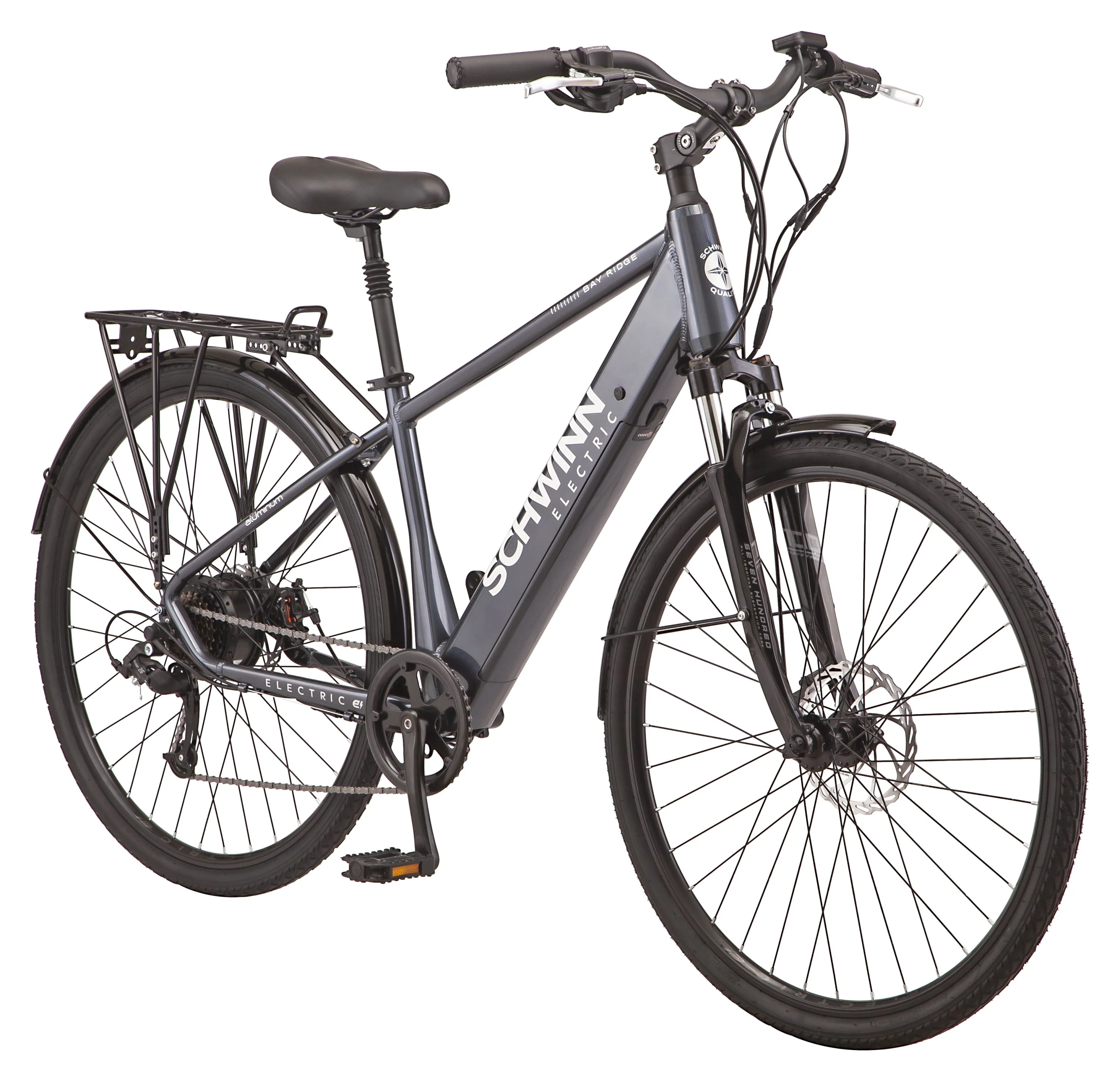 Schwinn 700c Bay Ridge Hybrid Electric Bike for Adults, 7 Speeds, 250w Ebike Motor, Gray