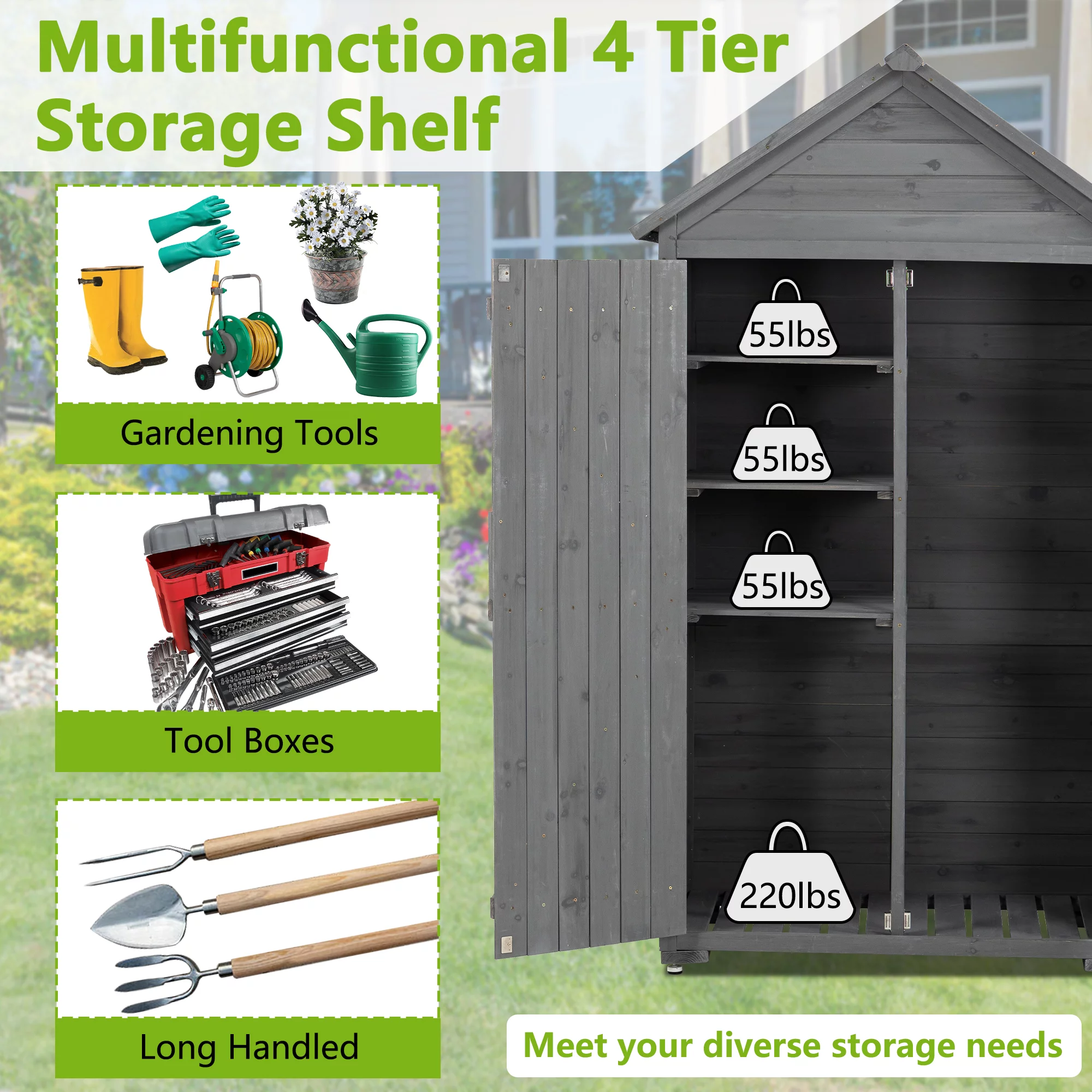 Outdoor Storage Cabinet Garden Wood Tool Shed Outside Wooden Closet with Shelves and Latch