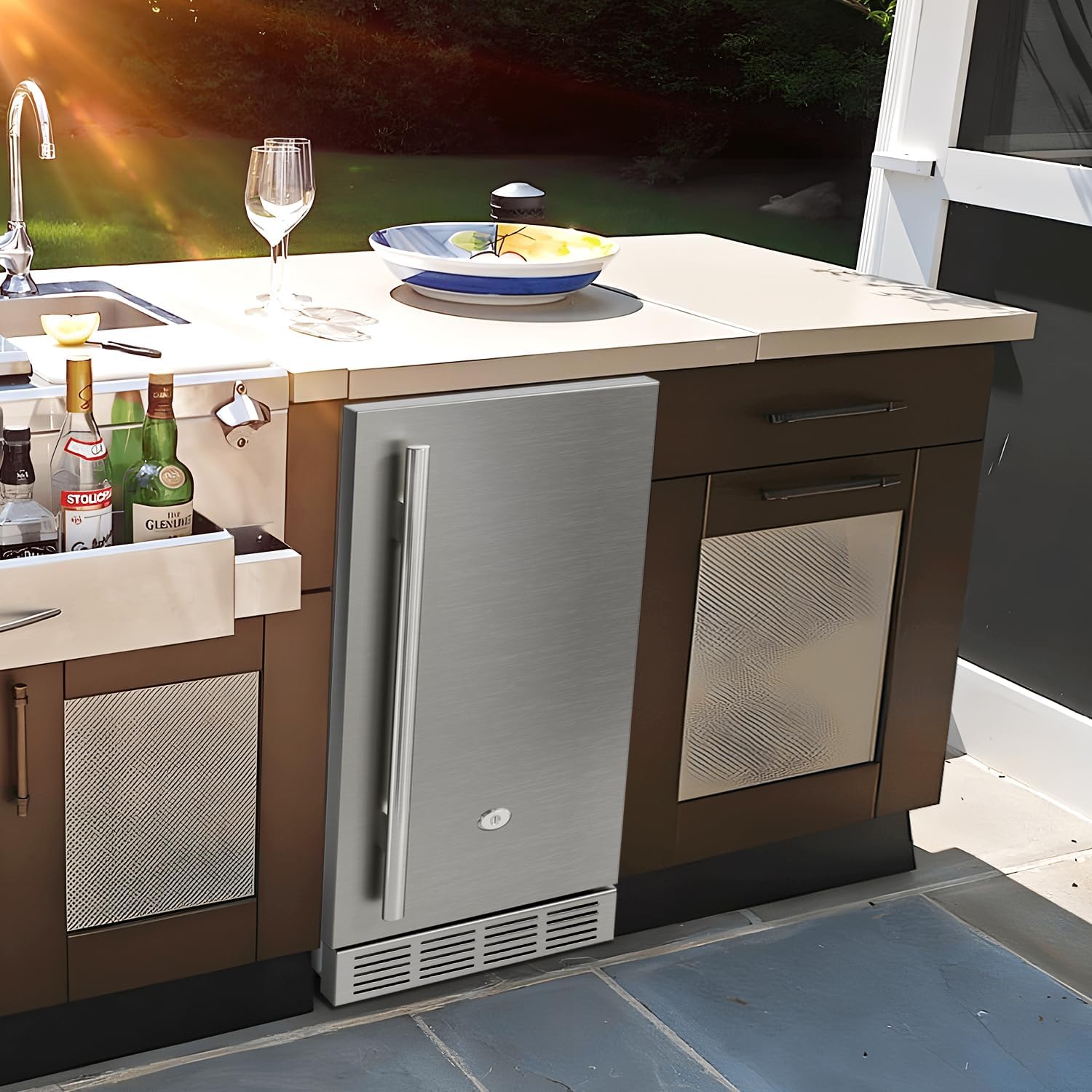15 Inch Outdoor Refrigerator, Weather Proof Stainless Steel Beverage Beer Cooler Under Counter Fridge, Indoor/Outdoor Refrigerator with 3 Shelves for Patio Kitchen and Commercial Use
