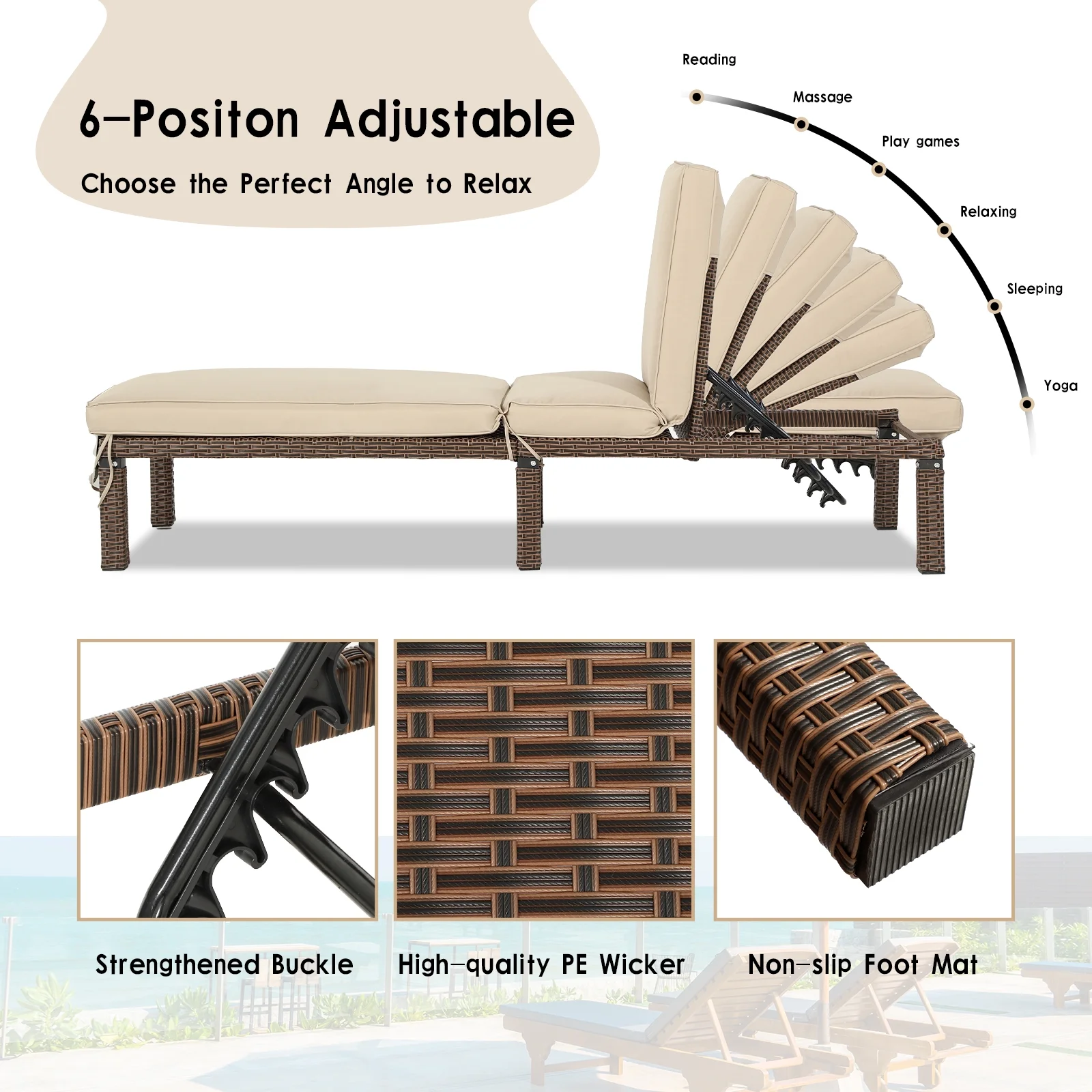 Magic Union Outdoor Rattan Wicker Chaise Lounge Chair with Adjustable Backrest & Cushion, Set of 2-Khaki