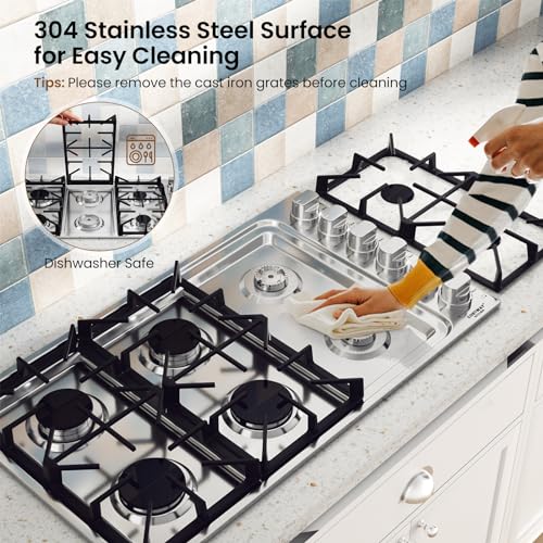 COSTWAY Gas Cooktop, Stainless Steel Gas Stove Top with Burners, ABS Knobs and Cast Iron Grates, NG/LP Convertible Gas Range Top with Sealed Burners for Kitchen, Easy to Clean, Silver
