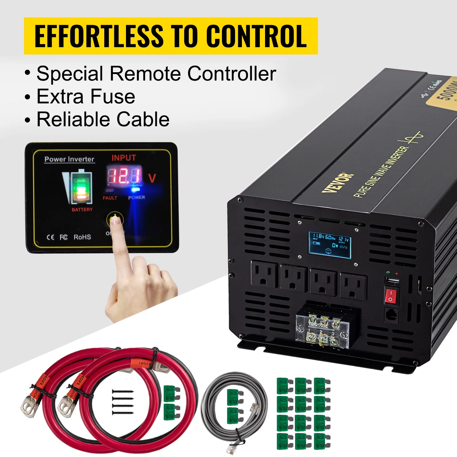 VEVOR Pure Sine Wave Inverter, 5000 Watt Power Inverter, DC 12V to AC 120V Car Inverter, with USB Port, LCD Display, and Remote Controller Power Converter, for RV Truck Car Solar System Travel Camping